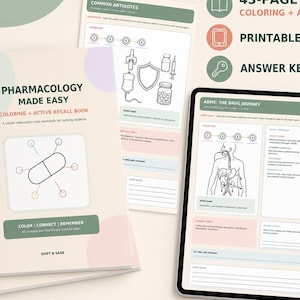 May include: A 43-page pharmacology coloring and active recall book with a printable iPad PDF and answer key. The cover features the text Pharmacology Made Easy, Color | Connect | Remember, and Shift & Sage, with a pill graphic and soft pastel shapes.