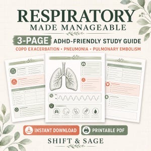 May include: A three-page ADHD-friendly study guide titled RESPIRATORY MADE MANAGEABLE, covering COPD exacerbation, pneumonia, and pulmonary embolism. The pages feature a central illustration of human lungs, medical icons, and data charts in green and peach.