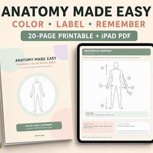 Puede incluir: Libro de colorear y memoria activa Anatomy Made Easy con 20 páginas imprimibles y PDF para iPad. La portada muestra una silueta humana. Una tableta muestra una hoja de trabajo sobre la posición anatómica con flechas numeradas y banco de palabras.
