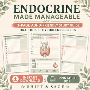 May include: A three-page study guide titled Endocrine Made Manageable, featuring sections on DKA, HHS, and thyroid emergencies. The pages include medical illustrations of a thyroid gland, an insulin vial, and icons for nursing priorities.