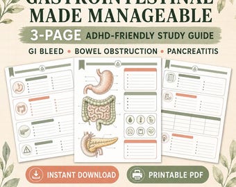 Studiegids voor gastro-intestinale verpleegkunde, ADHD-vriendelijke medisch-chirurgische aantekeningen, 3 pagina's tellende printbare PDF