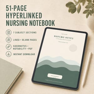 Könnte beinhalten: Ein digitales Tablet zeigt ein 51-seitiges, verlinktes Notizbuch für die Krankenpflege mit einer Landschaftsgrafik in Grüntönen. Der Bildschirm zeigt den Text Nursing Notes, eine verlinkte Schaltfläche und ein Stift liegt neben dem Tablet.