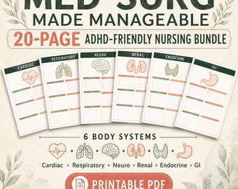 Studiegidsbundel voor medisch-chirurgische verpleegkunde, ADHD-vriendelijke verpleegkundige aantekeningen, 20 pagina's tellend printbaar PDF-bestand