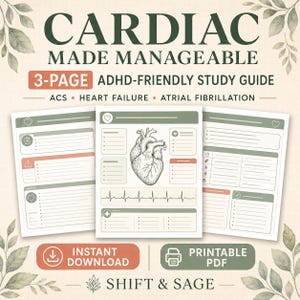 Könnte beinhalten: Ein dreiseitiger Studienleitfaden mit dem Titel CARDIAC MADE MANAGEABLE zu den Themen ACS, Herzinsuffizienz und Vorhofflimmern. Die Seiten enthalten eine anatomische Herzillustration, EKG-Rhythmusstreifen und strukturierte Notizfelder.
