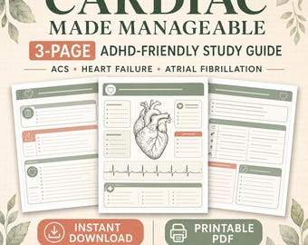 Studiegids voor hartverpleegkundigen, ADHD-vriendelijke aantekeningen over interne geneeskunde en chirurgie, printbaar PDF-bestand van 3 pagina's.