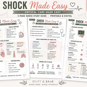 May include: A three-page digital nurse study guide titled SHOCK Made Easy. The pages feature medical information, charts, and icons related to shock assessment, treatment principles, and hemodynamic monitoring, using a color palette of pink, green, and white.