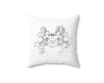 Beautiful Mickey Mouse & Minnie Mouse Sketch Art Disney - Spun Polyester Square Pillow 14x14 inches