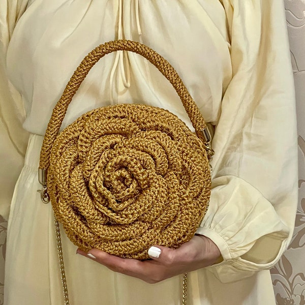 Rose flower bag, small clutch purse, floral tote bag, gold evening bag