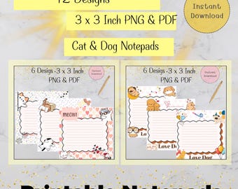 Afdrukbaar memoblok, katten- en hondenstijl, 3 x 3 inch, 12 ontwerpen (PNG_PDF)