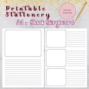 Peut inclure: Papeterie imprimable A4, storyboard vierge. L'image montre une feuille blanche avec une grande case rectangulaire et un espace ligné à gauche, et trois petites cases et un espace ligné à droite. Les mots "Printable Stationery" et "A4: Blank Storyboard" sont écrits en rose et noir.