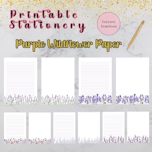 Druckbares schönes Lila Wildblumen Papier Briefpapier, Blumen Briefpapier, PDF Datei, unliniertes Papier, liniertes Papier, A4, US Letter Format