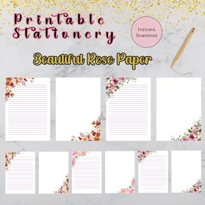 Schöne Rose Papier Briefpapier zum ausdrucken,, Blume Briefpapier, digitaler Download, PDF, unliniert, liniert, A4, US Letter Papier