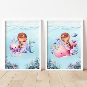 Mermaid Nautical Sea Wall Art, Two Mermaid Prints, Printable Art for Girls, Ocean Themed Room, Under The Sea Nursery Print, DIGITAL DOWNLOAD