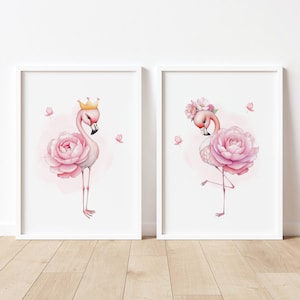 Láminas florales de flamencos para habitación infantil: Decoración para habitación de princesas (descarga digital)