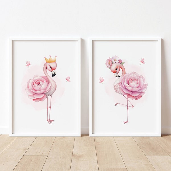 Décoration de chambre d'enfant flamant rose, art mural imprimable princesse fille flamant rose, lot de 2 impressions florales flamant rose, décoration de chambre de bébé fille, téléchargement numérique
