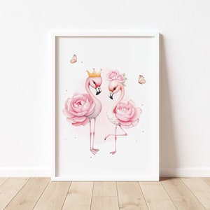 Láminas de decoración floral con flamencos para habitación de niña: Princesa (Descarga digital)