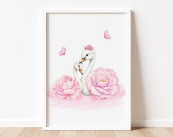 Arte per la cameretta dei bambini Swan Princess: stampe floreali rosa ad acquerello (download digitale)