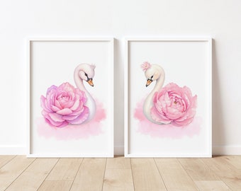 Stampe per la cameretta dei bambini della principessa cigno: arte floreale rosa ad acquerello (download digitale)