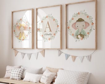 Elephant Nursery Wall Art Set | Personalized Baby Name Print | Neutral Safari Animal Decor | Watercolor Elephant Prints | Digital Download