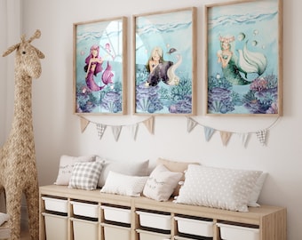 Mermaid Nautical Sea Wall Art, Mermaid Prints, Printable Art for Girls, Ocean Themed Room, Under The Sea Nursery Print, DIGITAL DOWNLOAD