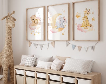 Watercolor Safari Animals Nursery Print: Baby & Mother Art (Digital Download)