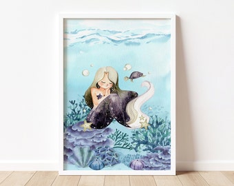 Mermaid Watercolor Print: Nautical Girls Room Decor (Digital Download)