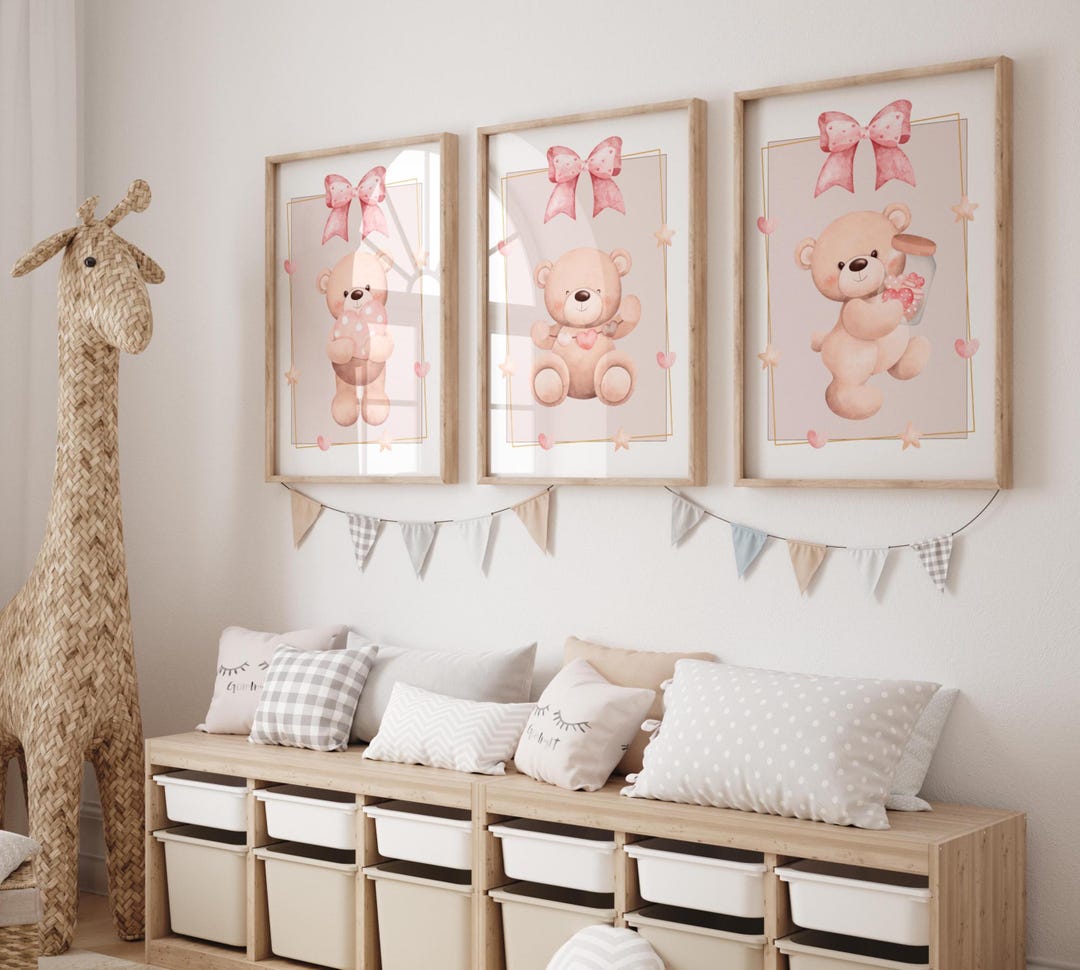 Pink Teddy Bear Nursery Prints | Cute Watercolor Bear Wall Art | Baby ...
