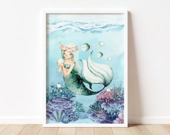 Mermaid Watercolor Print: Nautical Girls Room Decor (Digital Download)