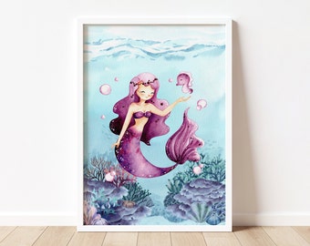 Mermaid Watercolor Print: Nautical Girls Room Decor (Digital Download)