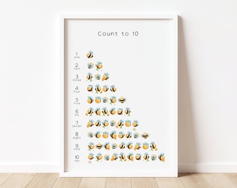 Póster "Cuenta hasta 10" de la abeja de miel: Arte Montessori para guardería (Descarga digital)