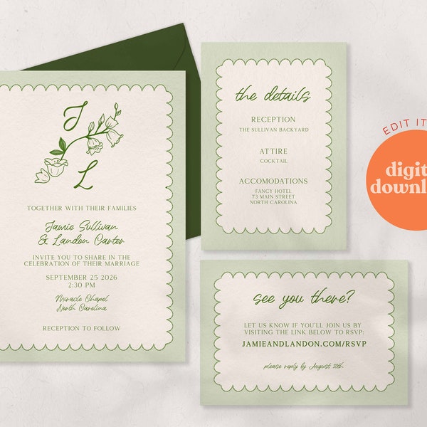 Whimsical Hand Drawn Floral Wedding Invitation Set | Lily of the Valley | Editable Template | Instant Digital Download | Printable