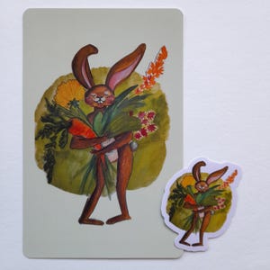 Lapin avec bouquet de fleurs, carte postale avec autocollant
