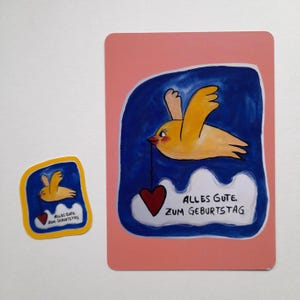 Oiseau, Joyeux Anniversaire, carte postale + autocollant, set