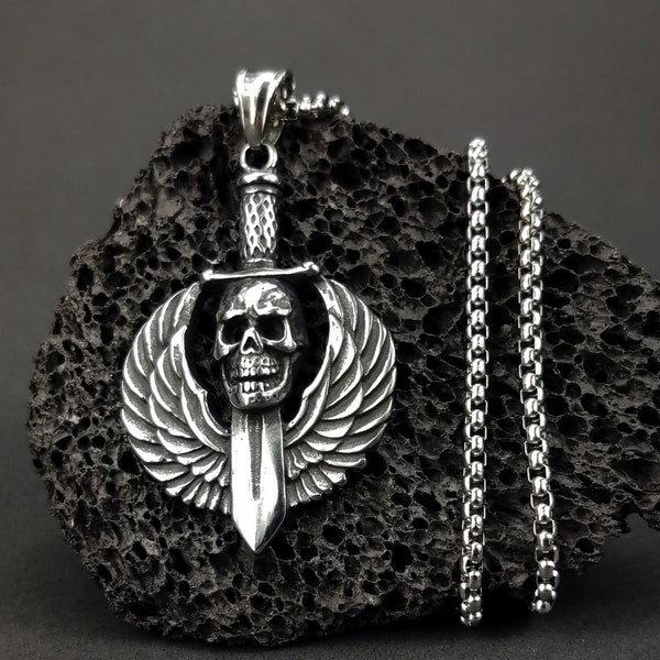 Collier en acier inoxydable avec pendentif crâne d'ange et couteau, accessoires de motard, collier aile d'ange, bijoux rebelles