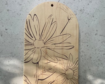 Gerber Daisy Engraved Maple Charcuterie Board | Arched serving tray | Cheese platter | Wedding, housewarming, holiday gift