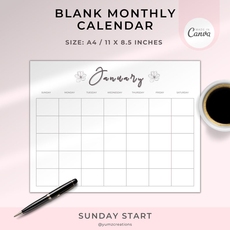 CANVA BLANK Monthly Calendar Landscape Printable Calendar - Etsy