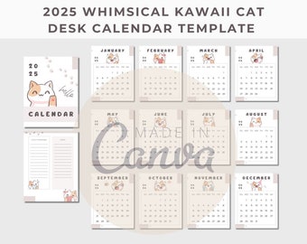 2025 Whimsical Kawaii Cat Desk Calendar Template, Printable Calendar, 2025 Desk Calendar, Cute Cat Calendar, Canva Template,Monthly Calendar
