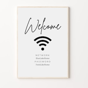 Op de afbeelding: Een ingelijste print met een minimalistisch ontwerp. Het woord "Welcome" is in een cursief lettertype geschreven boven een zwart Wi-Fi-symbool. Onder het symbool staan de netwerknaam en het wachtwoord in een eenvoudig schreefloos lettertype.