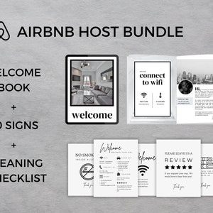 Vacation Rental Host Bundle, Black And White Airbnb Welcome Book, Editable Airbnb Signs, VRBO Welcome Sign, Airbnb Check In Information
