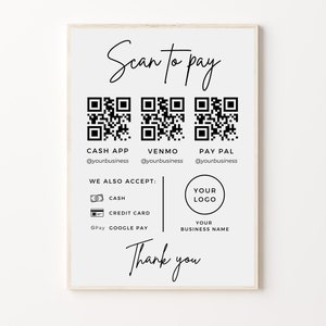 Bewerkbaar scan-to-pay-bord, QR-codebordsjabloon, afdrukbaar betalingsbord, CashApp Venmo PayPal-bord geaccepteerde betalingen, bord voor kleine bedrijven