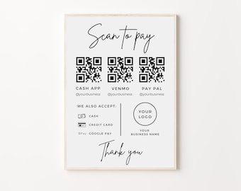 Letrero editable de escaneo para pagar, plantilla de letrero con código QR, letrero de pago imprimible, letrero de pagos aceptados por CashApp, Venmo y PayPal, letrero para pequeñas empresas