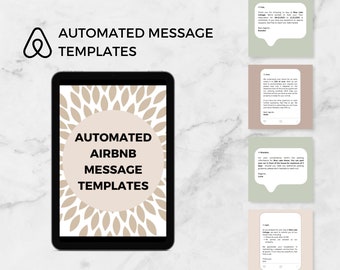 May include: A tablet screen displaying a digital guide for automated Airbnb message templates. The screen has a beige background with a pattern of overlapping leaves. The text "AUTOMATED AIRBNB MESSAGE TEMPLATES" is displayed in a circle in the center of the screen.