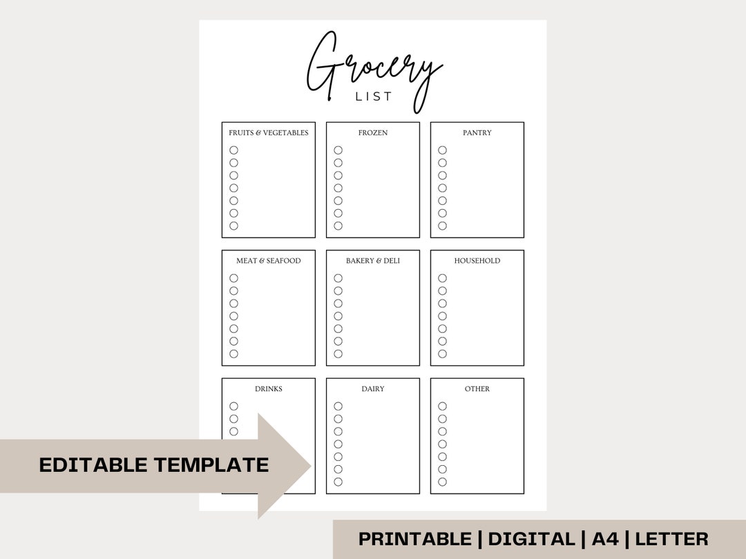 Editable Grocery List Template, Printable Food Shopping List ...