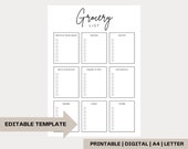 Editable Grocery List Template, Printable Food Shopping List, Minimalist Shopping Planner, A4 Shopping Template, Minimalist Shopping List