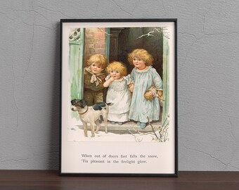 Ilustración de niños y perros en invierno / Arte vintage con escena nevada (impresión digital)