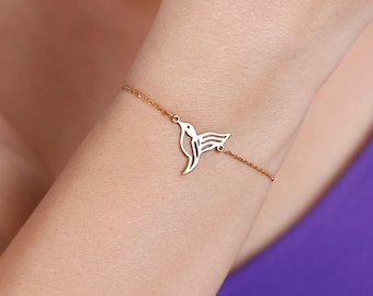 Hummingbird Bracelet in 14K Solid Gold, Tiny Hummingbird Bracelet, Bird Jewelry, Real Gold Hummingbird Bracelet, Bird Lover Bracelet Gifts