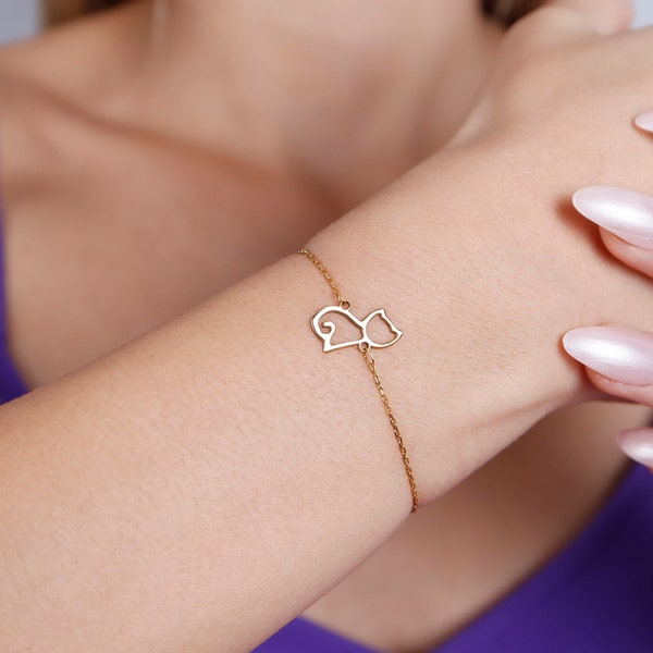 Dainty Cat Bracelet in 14K Gold, Real Gold Cat Jewelry Gift, Cat Lover Gifts, Cat Charm Bracelet, Cat Memoriall Gift, Mother's Day Gifts