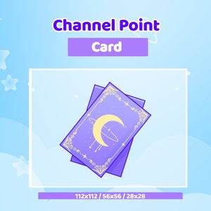 Pode incluir: Dois baralhos roxos com detalhes dourados e um design de lua crescente. Os baralhos estão empilhados um em cima do outro. O texto "Channel Point Card" está na parte superior da imagem.