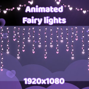 May include: Animated fairy lights with pink and white bulbs in the shape of hearts. The lights are strung on a black wire and are hanging from the top of the image. The background is a dark purple with a gradient to a lighter purple at the bottom. The text "Animated Fairy Lights" is at the top of the image. The text "1920x1080" is at the bottom of the image.