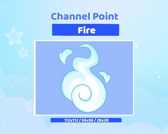 May include: A light blue graphic with the text "Channel Point Fire." The image features a stylized, swirling white flame design on a light blue background. The dimensions are 112x112 / 56x56 / 28x28.
